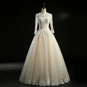 Classic Champagne Wedding Dresses 2018 Ball Gown Scoop Neck Long Sleeve Backless Appliques Pierced Lace Beading Pearl Sash Floor Length Long Ruffle