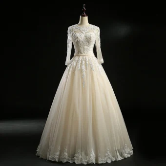 Classic Champagne Wedding Dresses 2018 Ball Gown Scoop Neck Long Sleeve Backless Appliques Pierced Lace Beading Pearl Sash Floor Length Long Ruffle