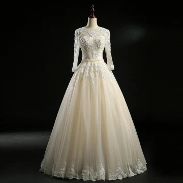 Classic Champagne Wedding Dresses 2018 Ball Gown Scoop Neck Long Sleeve Backless Appliques Pierced Lace Beading Pearl Sash Floor Length Long Ruffle