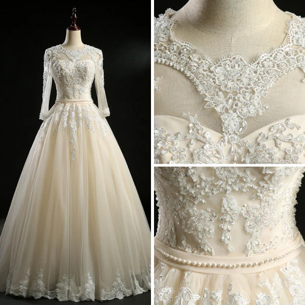 Klassisch Champagner Brautkleider 2018 Ballkleid Rundhalsausschnitt Lange Ärmel Rückenfreies Applikationen Durchbohrt Mit Spitze Perlenstickerei Perle Stoffgürtel Lange Rüschen