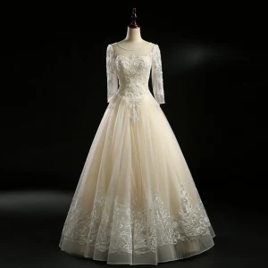 Vintage Originale Champagne Robe De Mariée 2018 Princesse Transparentes Encolure Dégagée Manches Longues Dos Nu Appliques En Dentelle Perle Perlage Longue Volants