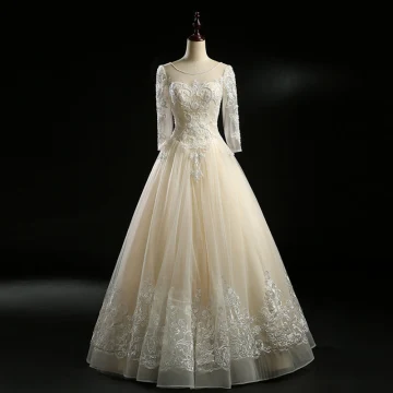 Vintage Retro Champagne Wedding Dresses 2018 A Line Princess See Through Scoop Neck Long Sleeve Backless Appliques Lace Pearl Beading Floor Length Long Ruffle