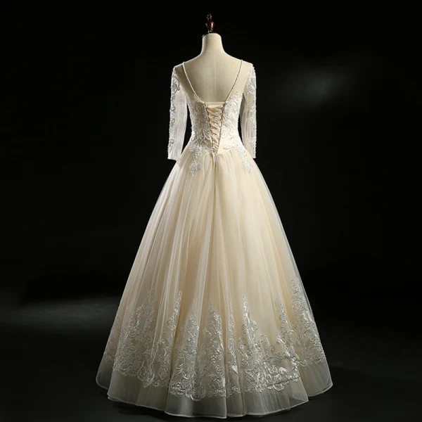 Vintage / Retro Champagne Wedding Dresses 2018 A-Line / Princess See-through Scoop Neck Long Sleeve Backless Appliques Lace Pearl Beading Floor-Length / Long Ruffle