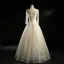 Vintage / Retro Champagne Wedding Dresses 2018 A-Line / Princess See-through Scoop Neck Long Sleeve Backless Appliques Lace Pearl Beading Floor-Length / Long Ruffle