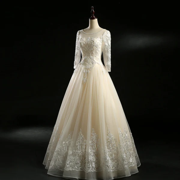 Vintage / Retro Champagne Wedding Dresses 2018 A-Line / Princess See-through Scoop Neck Long Sleeve Backless Appliques Lace Pearl Beading Floor-Length / Long Ruffle