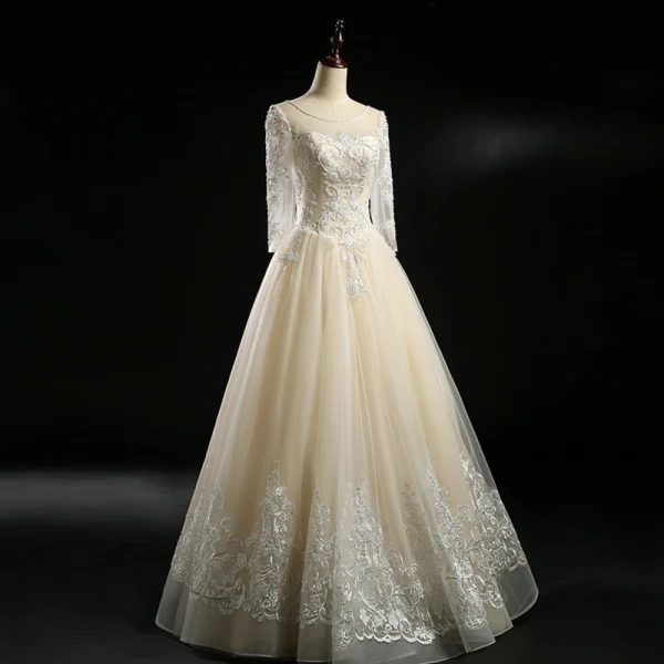 Vintage / Retro Champagne Wedding Dresses 2018 A-Line / Princess See-through Scoop Neck Long Sleeve Backless Appliques Lace Pearl Beading Floor-Length / Long Ruffle