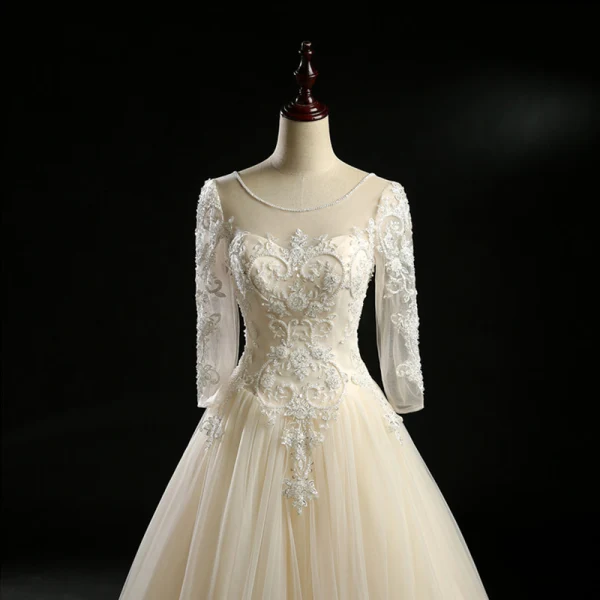 Vintage / Retro Champagne Wedding Dresses 2018 A-Line / Princess See-through Scoop Neck Long Sleeve Backless Appliques Lace Pearl Beading Floor-Length / Long Ruffle