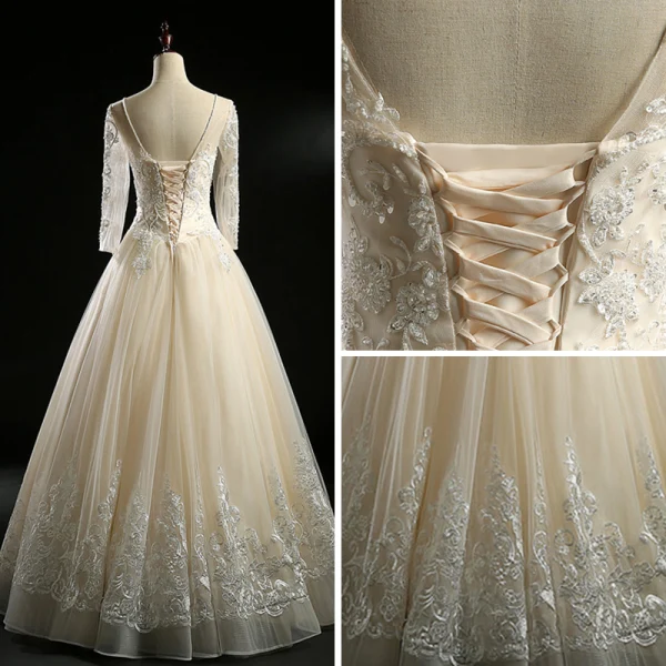 Vintage / Retro Champagne Wedding Dresses 2018 A-Line / Princess See-through Scoop Neck Long Sleeve Backless Appliques Lace Pearl Beading Floor-Length / Long Ruffle