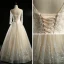 Vintage / Retro Champagne Wedding Dresses 2018 A-Line / Princess See-through Scoop Neck Long Sleeve Backless Appliques Lace Pearl Beading Floor-Length / Long Ruffle