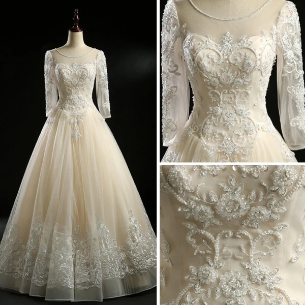 Vintage / Retro Champagne Wedding Dresses 2018 A-Line / Princess See-through Scoop Neck Long Sleeve Backless Appliques Lace Pearl Beading Floor-Length / Long Ruffle
