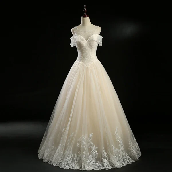 Vintage / Originale Champagne Transparentes Robe De Mariée 2018 Princesse Encolure Carrée Manches Courtes Dos Nu Appliques En Dentelle Perle Perlage Longue Volants