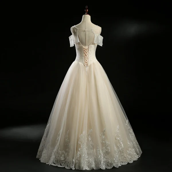 Vintage / Originale Champagne Transparentes Robe De Mariée 2018 Princesse Encolure Carrée Manches Courtes Dos Nu Appliques En Dentelle Perle Perlage Longue Volants