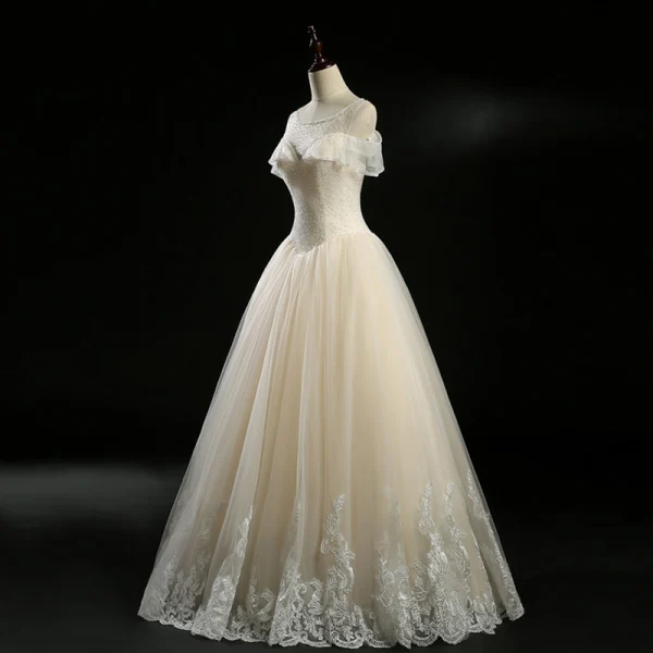 Vintage / Originale Champagne Transparentes Robe De Mariée 2018 Princesse Encolure Carrée Manches Courtes Dos Nu Appliques En Dentelle Perle Perlage Longue Volants