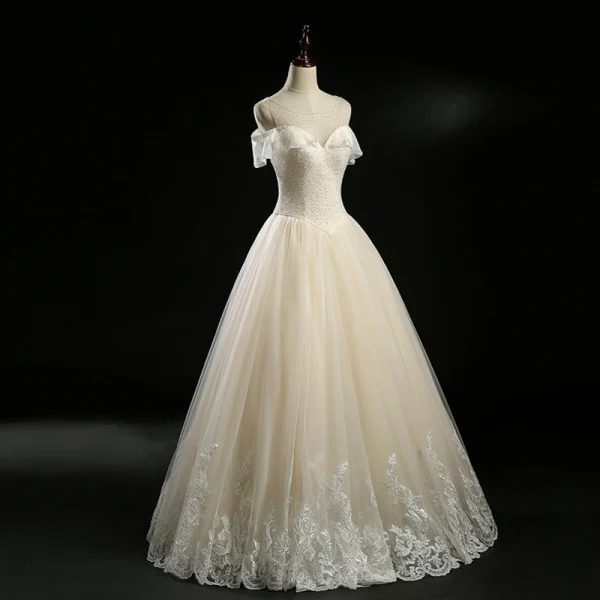Vintage / Originale Champagne Transparentes Robe De Mariée 2018 Princesse Encolure Carrée Manches Courtes Dos Nu Appliques En Dentelle Perle Perlage Longue Volants