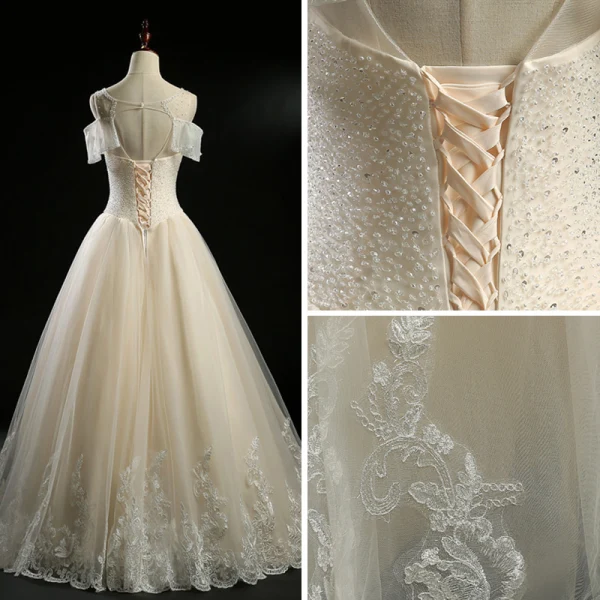 Vintage / Originale Champagne Transparentes Robe De Mariée 2018 Princesse Encolure Carrée Manches Courtes Dos Nu Appliques En Dentelle Perle Perlage Longue Volants