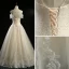 Vintage / Originale Champagne Transparentes Robe De Mariée 2018 Princesse Encolure Carrée Manches Courtes Dos Nu Appliques En Dentelle Perle Perlage Longue Volants