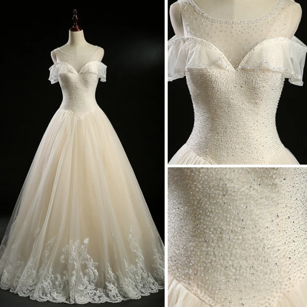 Vintage / Originale Champagne Transparentes Robe De Mariée 2018 Princesse Encolure Carrée Manches Courtes Dos Nu Appliques En Dentelle Perle Perlage Longue Volants