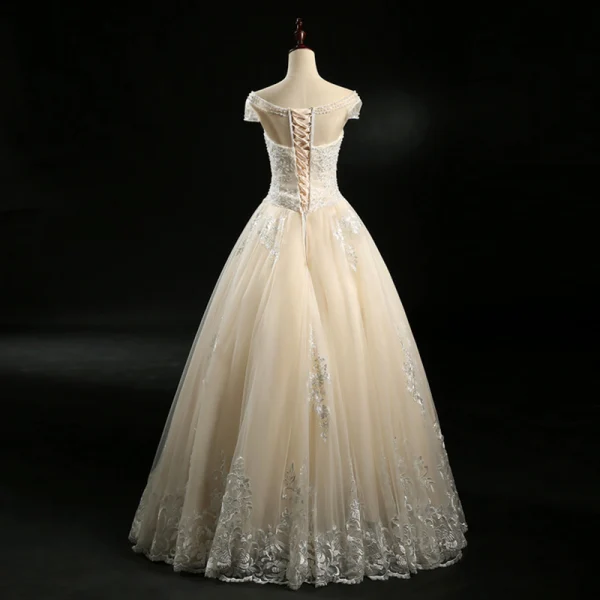 Vintage / Retro Champagne See-through Wedding Dresses 2018 Ball Gown Scoop Neck Cap Sleeves Appliques Lace Sequins Beading Floor-Length / Long Ruffle