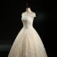 Vintage / Retro Champagne See-through Wedding Dresses 2018 Ball Gown Scoop Neck Cap Sleeves Appliques Lace Sequins Beading Floor-Length / Long Ruffle
