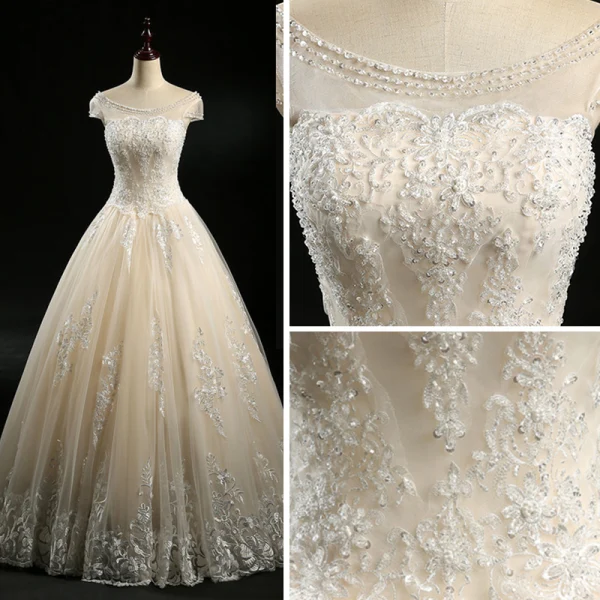 Vintage / Retro Champagne See-through Wedding Dresses 2018 Ball Gown Scoop Neck Cap Sleeves Appliques Lace Sequins Beading Floor-Length / Long Ruffle