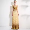Sparkly Gold Sequins Evening Dresses  2017 A-Line / Princess Scoop Neck Short Sleeve Metal Sash Floor-Length / Long Pierced Formal Dresses