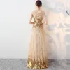 Glitzernden Gold Pailletten Abendkleider 2017 A Linie Rundhalsausschnitt Kurze Ärmel Metall Stoffgürtel Lange Durchbohrt Festliche Kleider