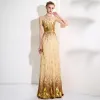 Sparkly Gold Sequins Evening Dresses  2017 A-Line / Princess Scoop Neck Short Sleeve Metal Sash Floor-Length / Long Pierced Formal Dresses
