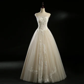 Classique Champagne Transparentes Robe De Mariée 2018 Robe Boule Encolure Dégagée Sans Manches Dos Nu Appliques En Dentelle Perlage Perle Paillettes Longue Volants