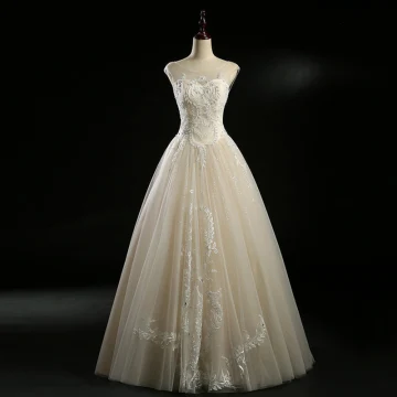 Classic Champagne See Through Wedding Dresses 2018 Ball Gown Scoop Neck Sleeveless Backless Appliques Lace Beading Pearl Sequins Floor Length Long Ruffle