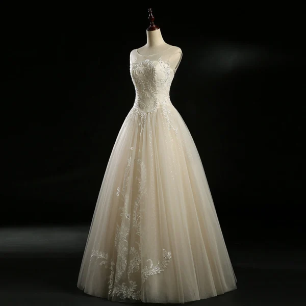 Classic Champagne See-through Wedding Dresses 2018 Ball Gown Scoop Neck Sleeveless Backless Appliques Lace Beading Pearl Sequins Floor-Length / Long Ruffle