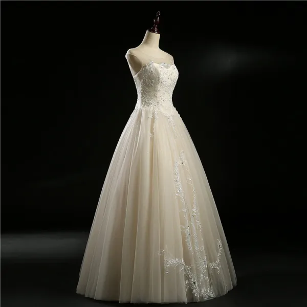 Classic Champagne See-through Wedding Dresses 2018 Ball Gown Scoop Neck Sleeveless Backless Appliques Lace Beading Pearl Sequins Floor-Length / Long Ruffle