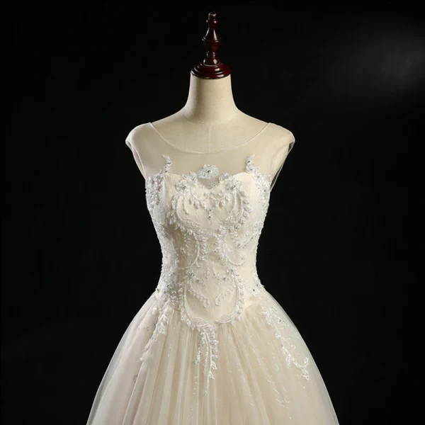 Classic Champagne See-through Wedding Dresses 2018 Ball Gown Scoop Neck Sleeveless Backless Appliques Lace Beading Pearl Sequins Floor-Length / Long Ruffle