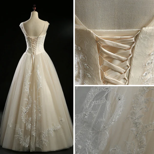 Classic Champagne See-through Wedding Dresses 2018 Ball Gown Scoop Neck Sleeveless Backless Appliques Lace Beading Pearl Sequins Floor-Length / Long Ruffle