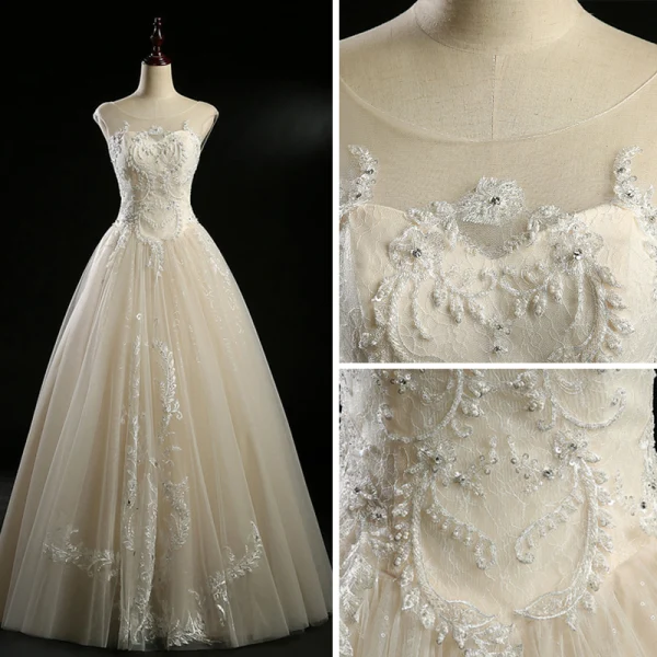 Classic Champagne See-through Wedding Dresses 2018 Ball Gown Scoop Neck Sleeveless Backless Appliques Lace Beading Pearl Sequins Floor-Length / Long Ruffle