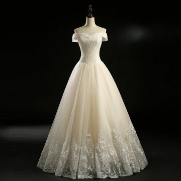 Classique Champagne Robe De Mariée 2018 Princesse De L Épaule Manches Courtes Dos Nu Appliques En Dentelle Glitter Tulle Paillettes Perlage Longue Volants