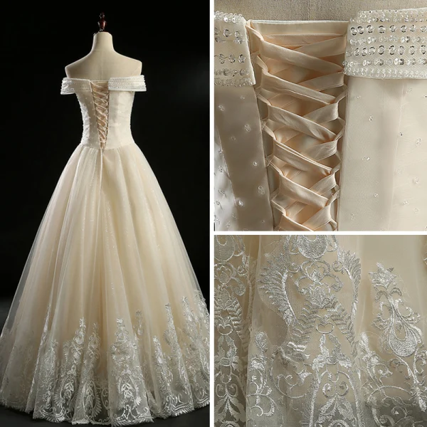 Classique Champagne Robe De Mariée 2018 Princesse De l'épaule Manches Courtes Dos Nu Appliques En Dentelle Glitter Tulle Paillettes Perlage Longue Volants