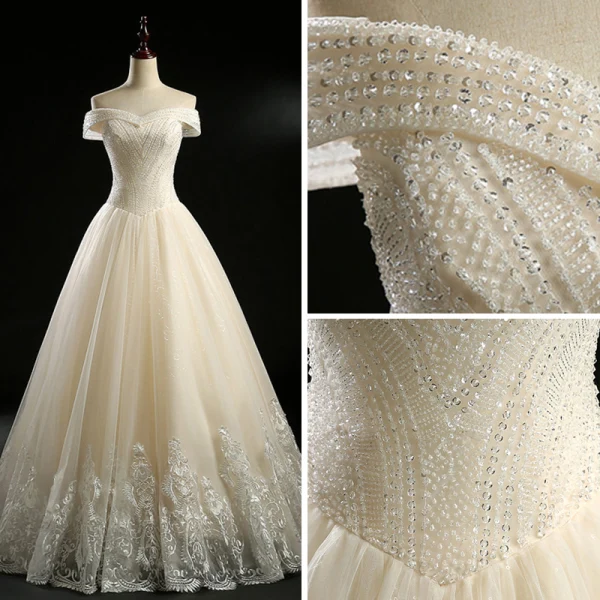 Classique Champagne Robe De Mariée 2018 Princesse De l'épaule Manches Courtes Dos Nu Appliques En Dentelle Glitter Tulle Paillettes Perlage Longue Volants