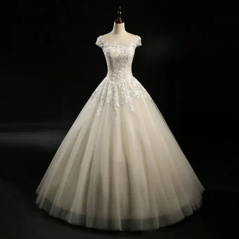 Vintage Retro Champagne Wedding Dresses 2018 A Line Princess Beading Scoop Neck Cap Sleeves Backless Appliques Lace Sequins Floor Length Long Ruffle