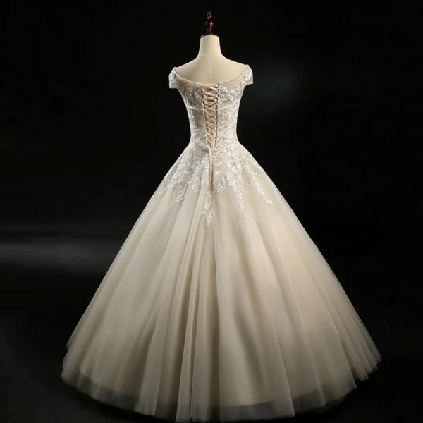 Vintage / Retro Champagne Wedding Dresses 2018 A-Line / Princess Beading Scoop Neck Cap Sleeves Backless Appliques Lace Sequins Floor-Length / Long Ruffle