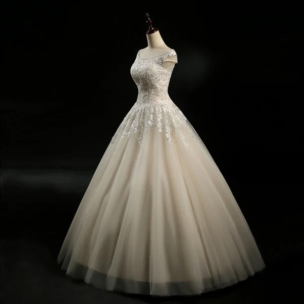 Vintage / Retro Champagne Wedding Dresses 2018 A-Line / Princess Beading Scoop Neck Cap Sleeves Backless Appliques Lace Sequins Floor-Length / Long Ruffle