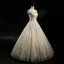 Vintage / Retro Champagne Wedding Dresses 2018 A-Line / Princess Beading Scoop Neck Cap Sleeves Backless Appliques Lace Sequins Floor-Length / Long Ruffle