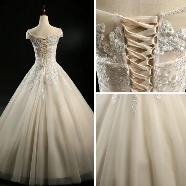 Vintage / Retro Champagne Wedding Dresses 2018 A-Line / Princess Beading Scoop Neck Cap Sleeves Backless Appliques Lace Sequins Floor-Length / Long Ruffle