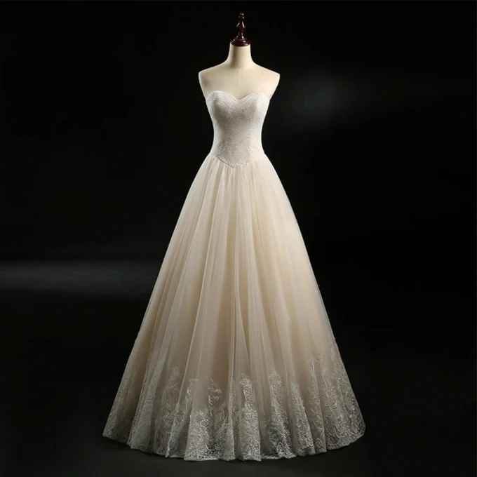 Klassisk Champagne Brudekjoler 2018 Prinsesse Kjæreste Uten Ermer Ryggløse Appliques Blonder Beading Perle Lange Buste