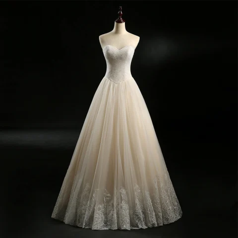 Clásico Champán Vestidos De Novia 2018 A-Line / Princess Sweetheart Sin Mangas Sin Espalda Apliques Con Encaje Rebordear Perla Largos Ruffle