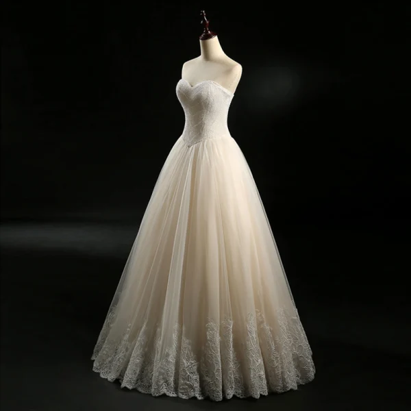 Klassisk Champagne Brudekjoler 2018 Prinsesse Kjæreste Uten Ermer Ryggløse Appliques Blonder Beading Perle Lange Buste