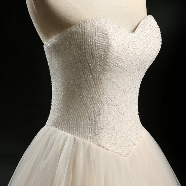Klassisk Champagne Brudekjoler 2018 Prinsesse Kjæreste Uten Ermer Ryggløse Appliques Blonder Beading Perle Lange Buste