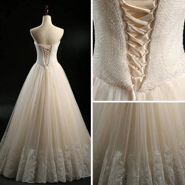 Klassisk Champagne Brudekjoler 2018 Prinsesse Kjæreste Uten Ermer Ryggløse Appliques Blonder Beading Perle Lange Buste