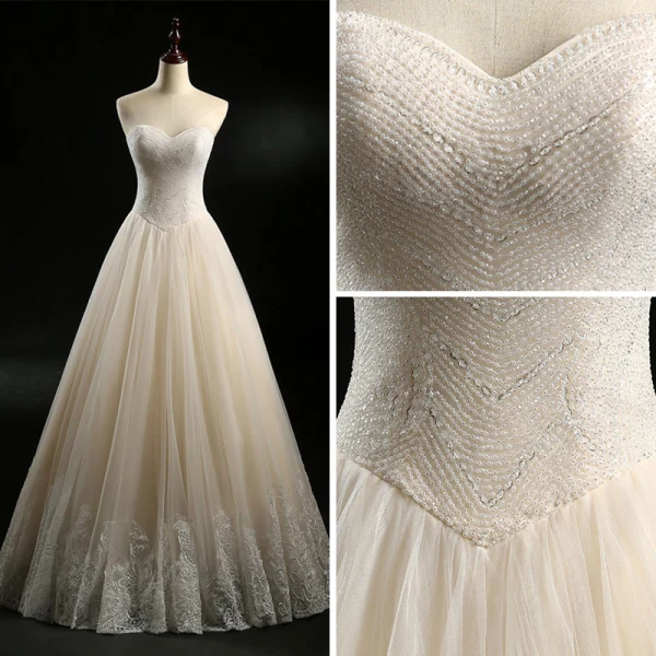 Klassisk Champagne Brudekjoler 2018 Prinsesse Kjæreste Uten Ermer Ryggløse Appliques Blonder Beading Perle Lange Buste