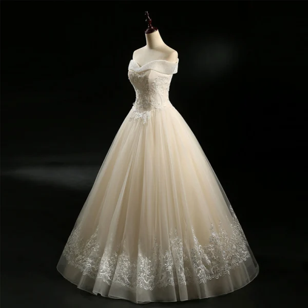 Classique Champagne Robe De Mariée 2018 Princesse De l'épaule Manches Courtes Dos Nu Faux Diamant Perlage Appliques En Dentelle Paillettes Longue Volants