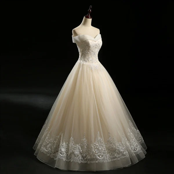 Classique Champagne Robe De Mariée 2018 Princesse De l'épaule Manches Courtes Dos Nu Faux Diamant Perlage Appliques En Dentelle Paillettes Longue Volants